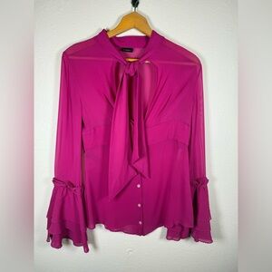La Perla Fusia Pink Silk Chiffon Long Sleeve Semi Sheer Bell Sleeve Blouse Sz 6